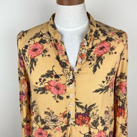 Free People Easy Girl Boho Bell Sleeve Top - Mustard Floral - Picture 4 of 7